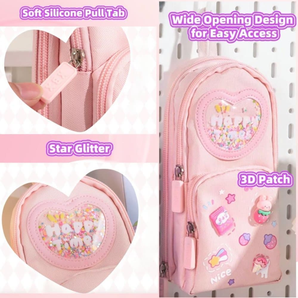 3 Compartments Cute Pencil Case Large Capacity Multifunctional Pencil Bag, Pink - Image 5
