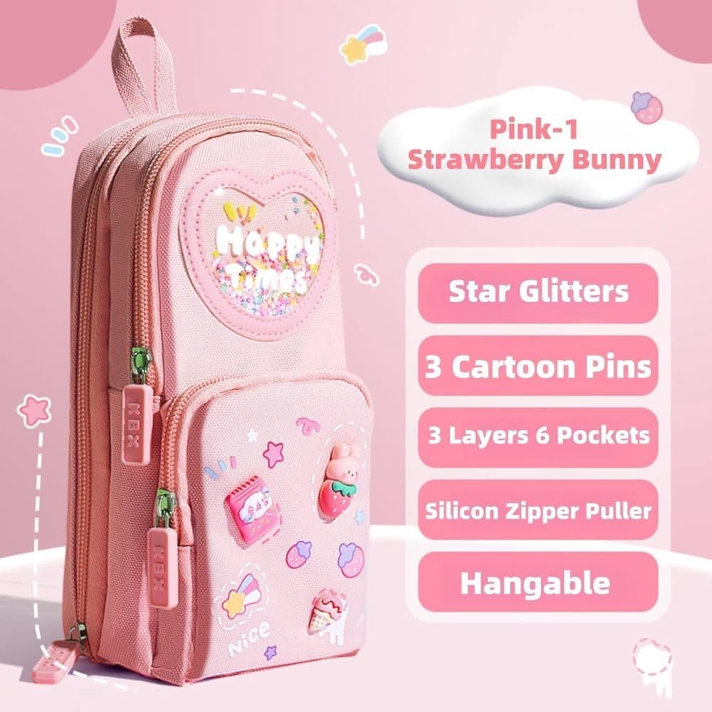 3 Compartments Cute Pencil Case Large Capacity Multifunctional Pencil Bag, Pink - Image 7