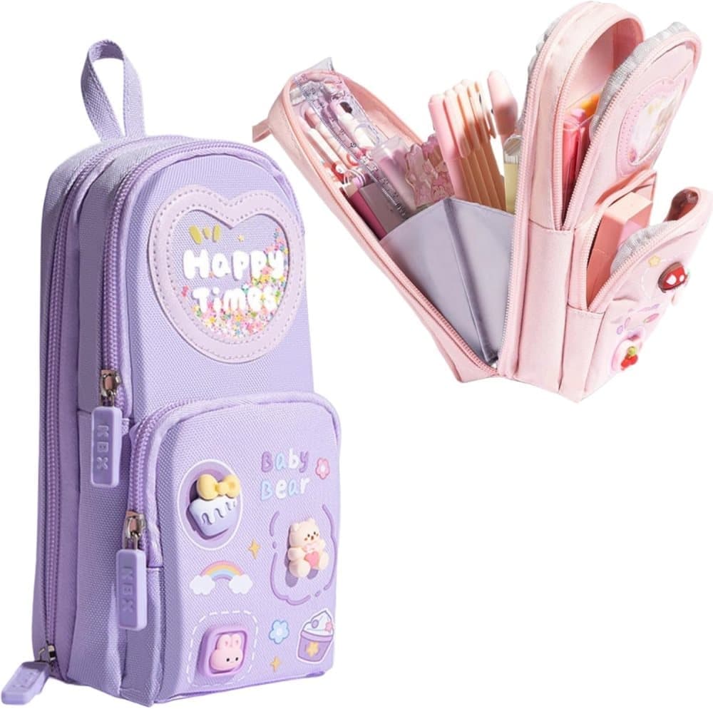 Large Capacity Cute Pencil Case with 3 Compartments, Purple - Image 1