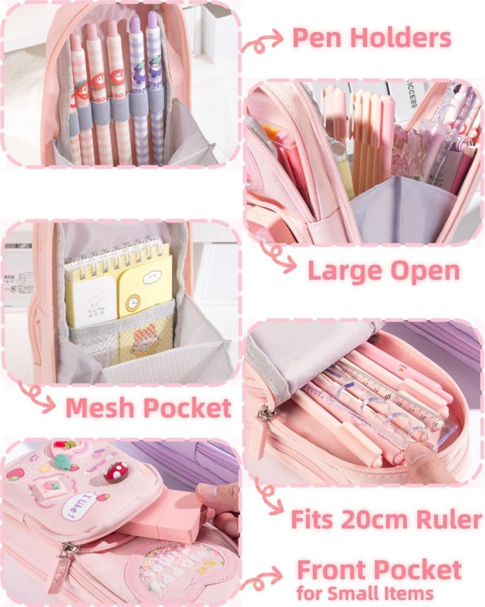 Large Capacity Cute Pencil Case with 3 Compartments, Purple - Image 3