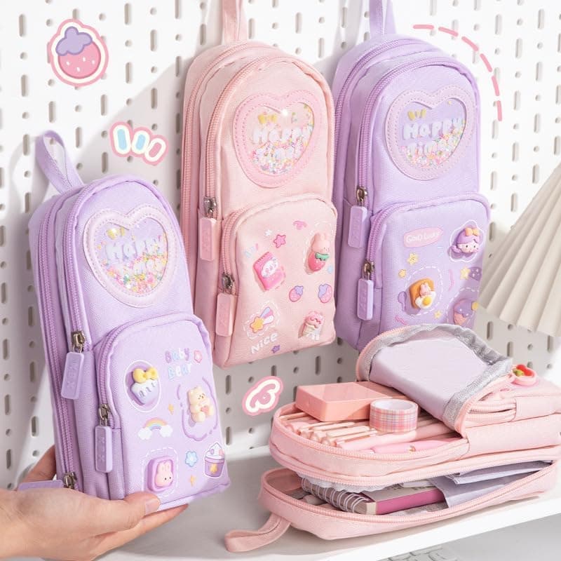 Large Capacity Cute Pencil Case with 3 Compartments, Purple - Image 7