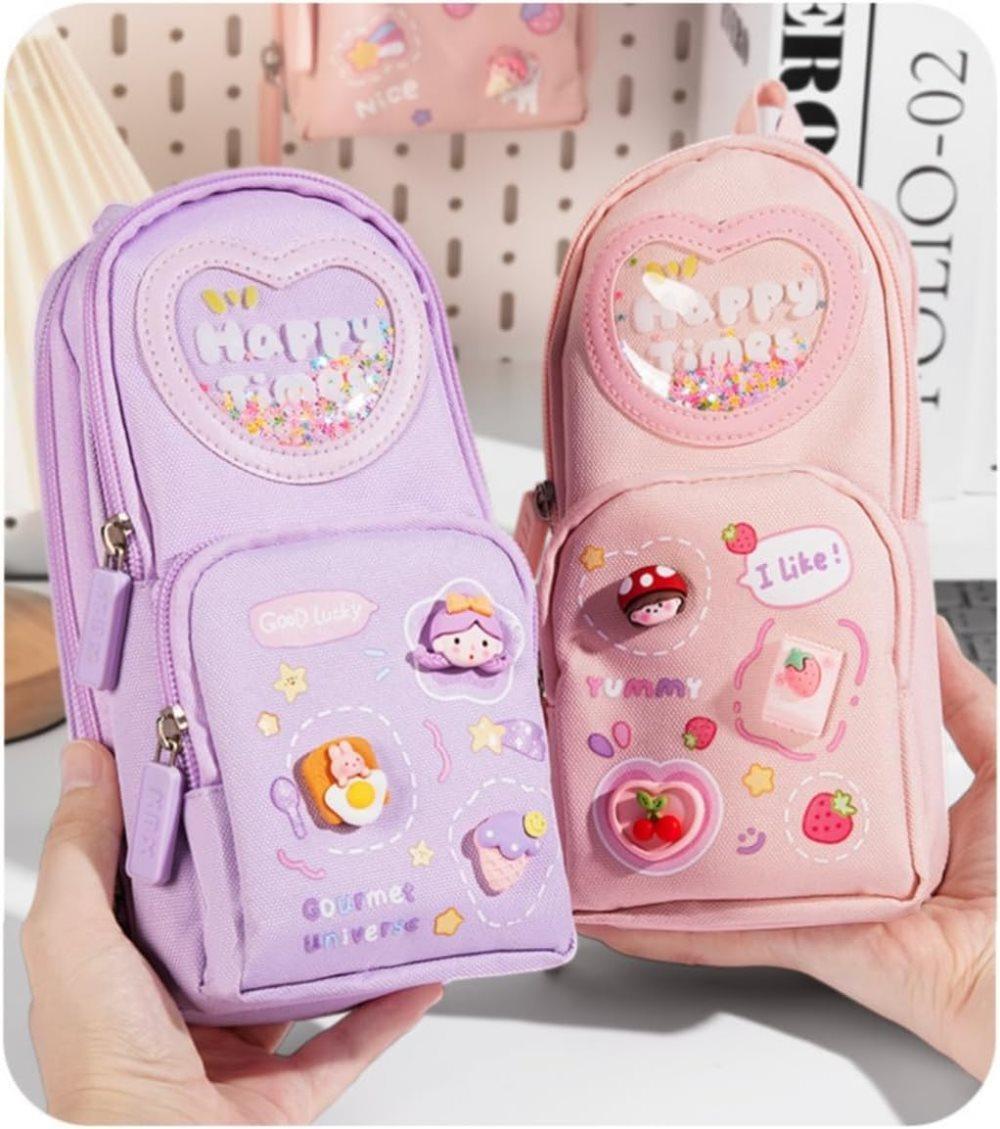Large Capacity Cute Pencil Case with 3 Compartments, Purple - Image 8