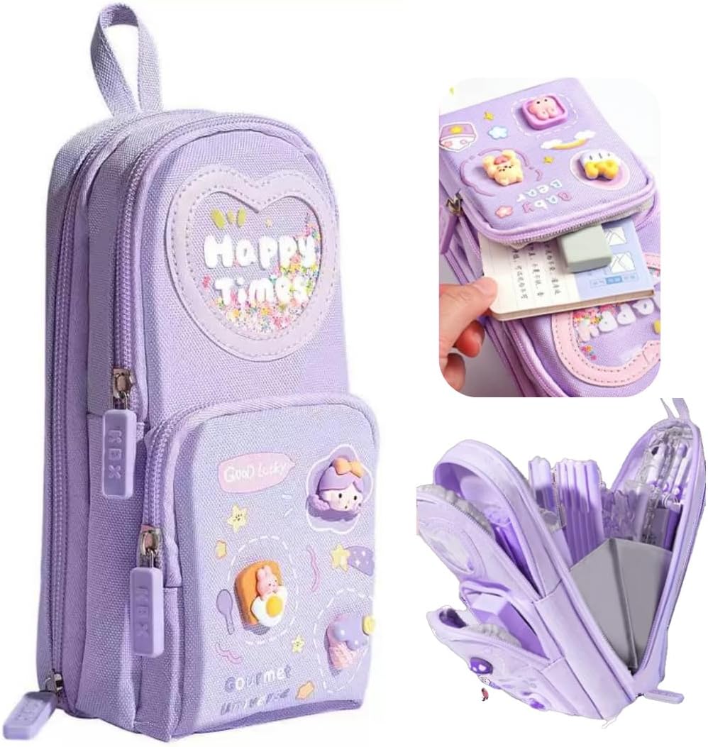 3 Compartments Multifunctional Pencil Case Large Capacity, Purple - Image 1