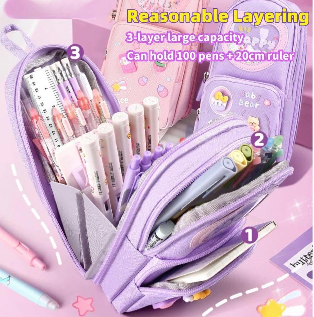 3 Compartments Multifunctional Pencil Case Large Capacity, Purple - Image 2