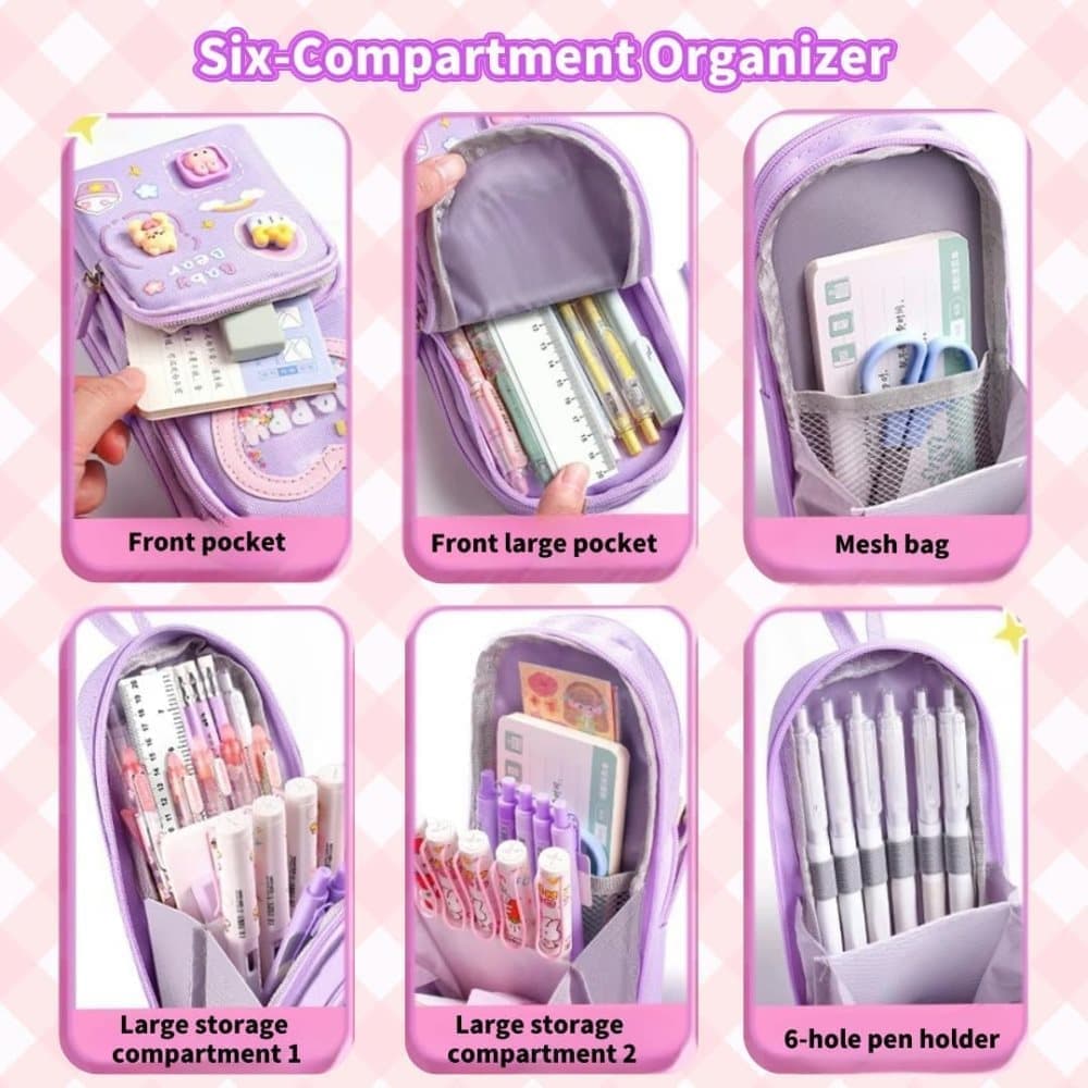 3 Compartments Multifunctional Pencil Case Large Capacity, Purple - Image 4