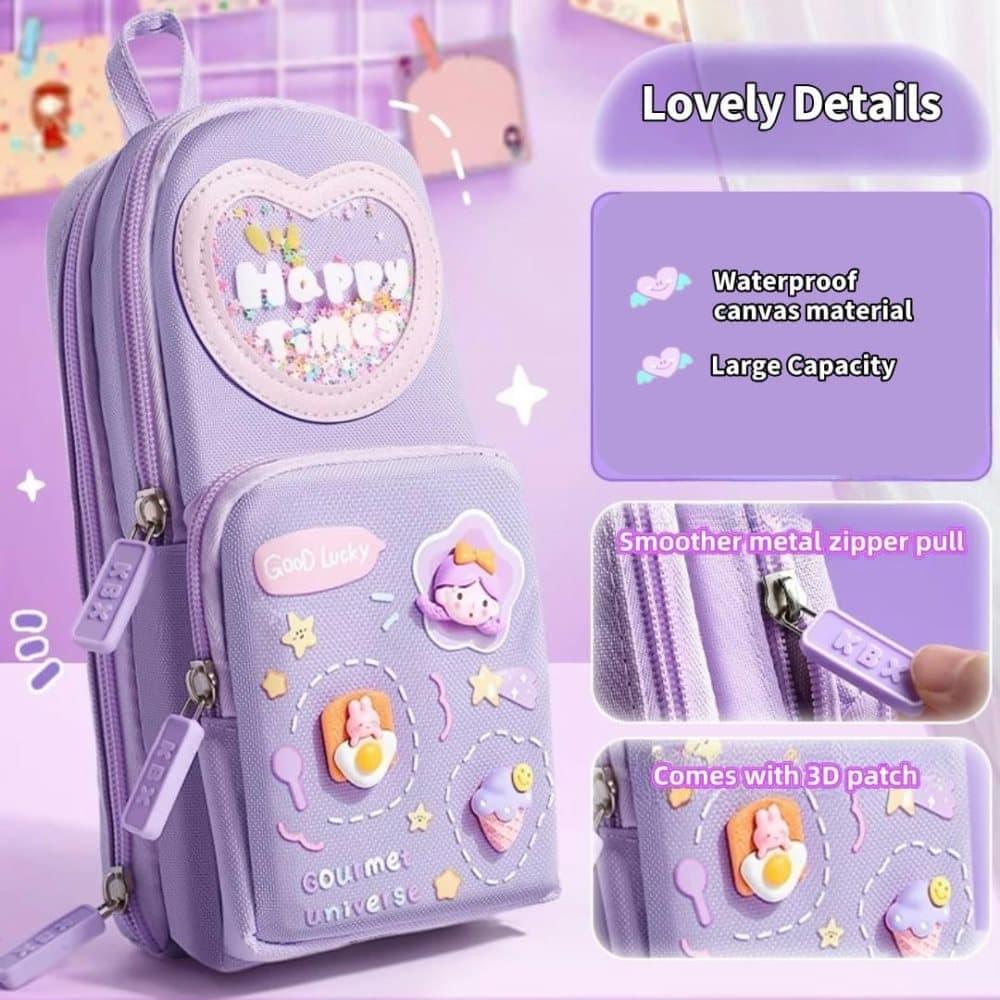 3 Compartments Multifunctional Pencil Case Large Capacity, Purple - Image 5