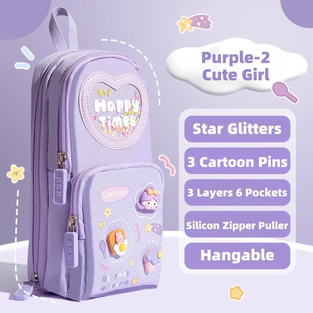 3 Compartments Multifunctional Pencil Case Large Capacity, Purple - Image 6