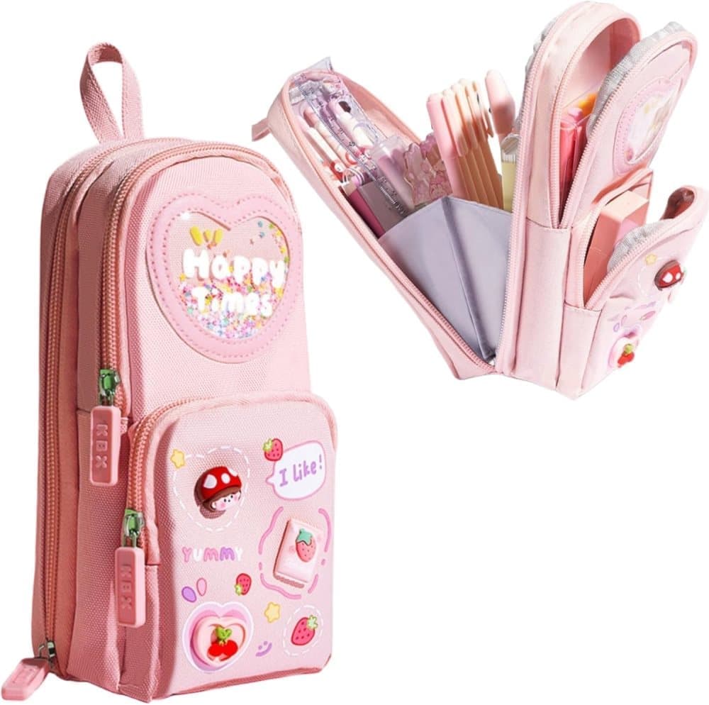 Pencil case with 3 compartments large capacity, cute design, pink, 1 piece - Image 1