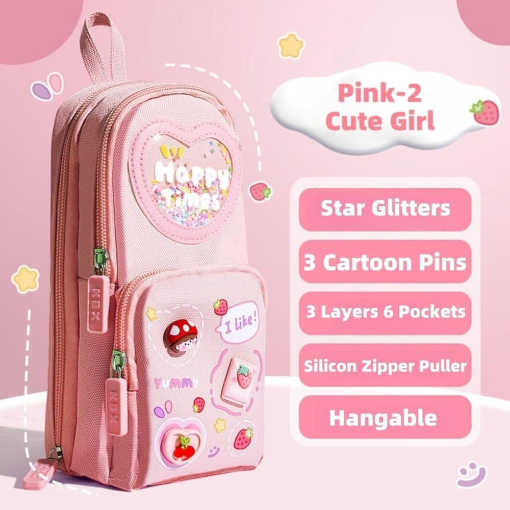 Pencil case with 3 compartments large capacity, cute design, pink, 1 piece - Image 2