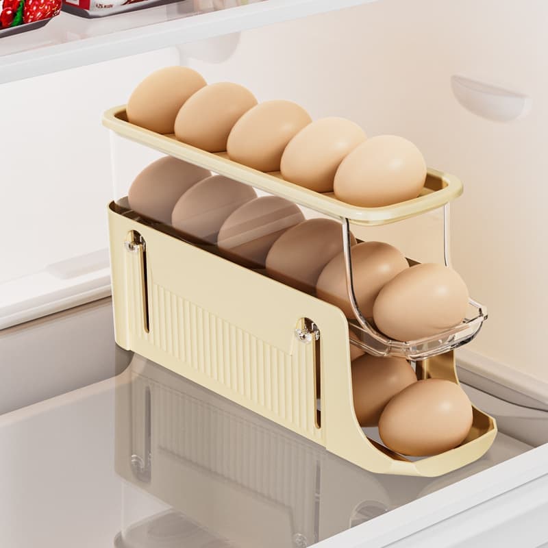 30 Eggs Egg Container 2-Pack, Foldable Automatic Rolling Egg Holder with Dispenser for Refrigerator, 2-3 Levels, Yellow - Image 2