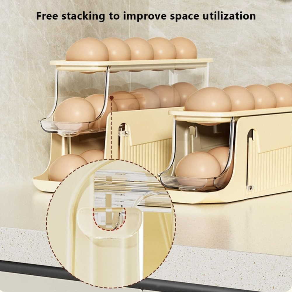 30 Eggs Egg Container 2-Pack, Foldable Automatic Rolling Egg Holder with Dispenser for Refrigerator, 2-3 Levels, Yellow - Image 4