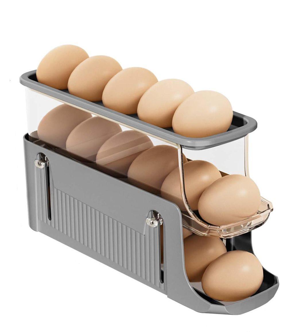 30 Eggs Egg Container 2-Pack, Automatic Rolling Foldable Egg Holder with Dispenser for Refrigerator, 2-3 Levels, Gray - Image 1