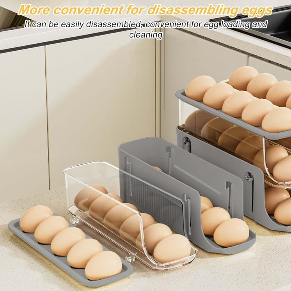 30 Eggs Egg Container 2-Pack, Automatic Rolling Foldable Egg Holder with Dispenser for Refrigerator, 2-3 Levels, Gray - Image 4