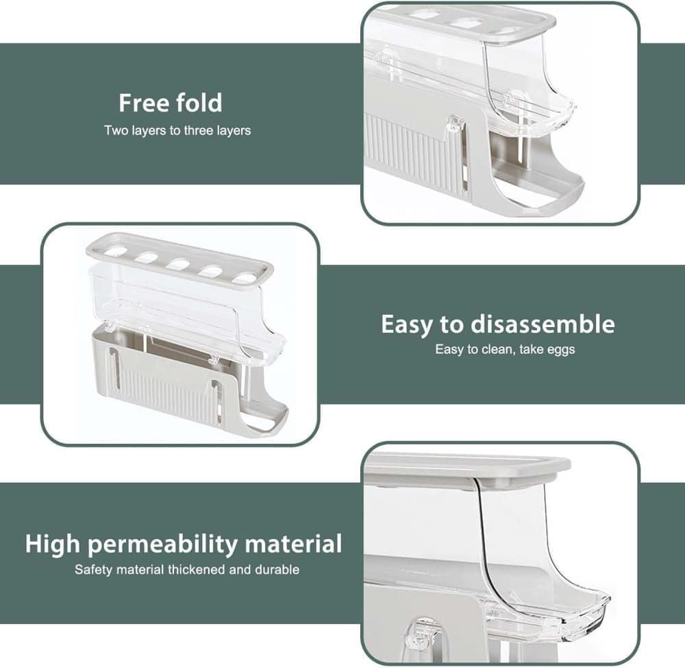 30 Eggs Egg Container 2-Pack, Automatic Rolling Foldable Egg Holder with Dispenser for Refrigerator, 2-3 Levels, Gray - Image 6