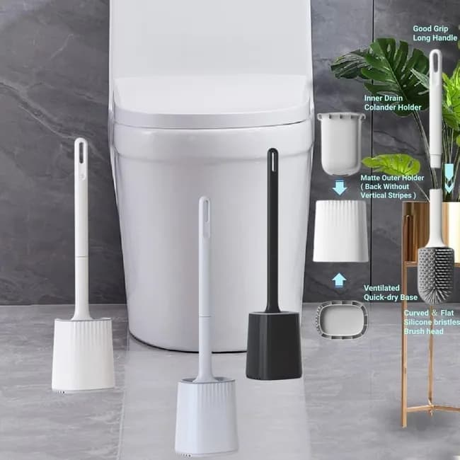 1 pcs Silicone Toilet Brush with Holder, Black, Standing or Wall Mounted, Deep Cleaning Brush for Bathroom and Toilet - Image 2