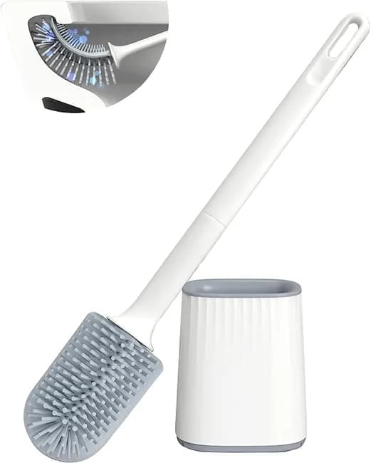 1 pcs Silicone Toilet Brush with Holder, White, Standing or Wall Mounted - Image 1