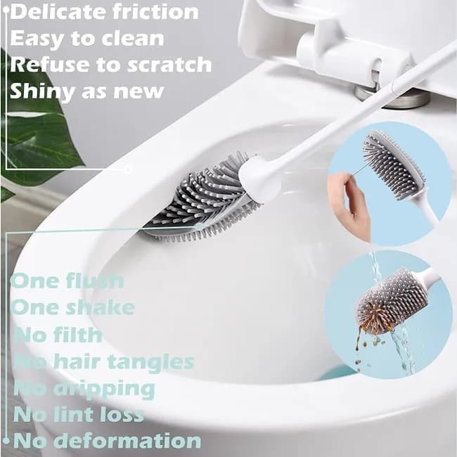 1 pcs Silicone Toilet Brush with Holder, White, Standing or Wall Mounted - Image 2