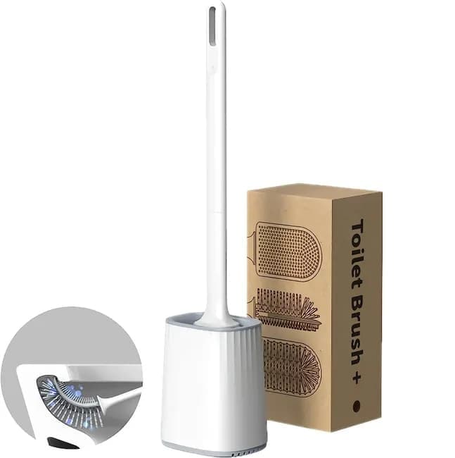 1 pcs Silicone Toilet Brush with Holder, White, Standing or Wall Mounted - Image 3