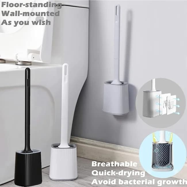 1 pcs Silicone Toilet Brush with Holder, White, Standing or Wall Mounted - Image 4