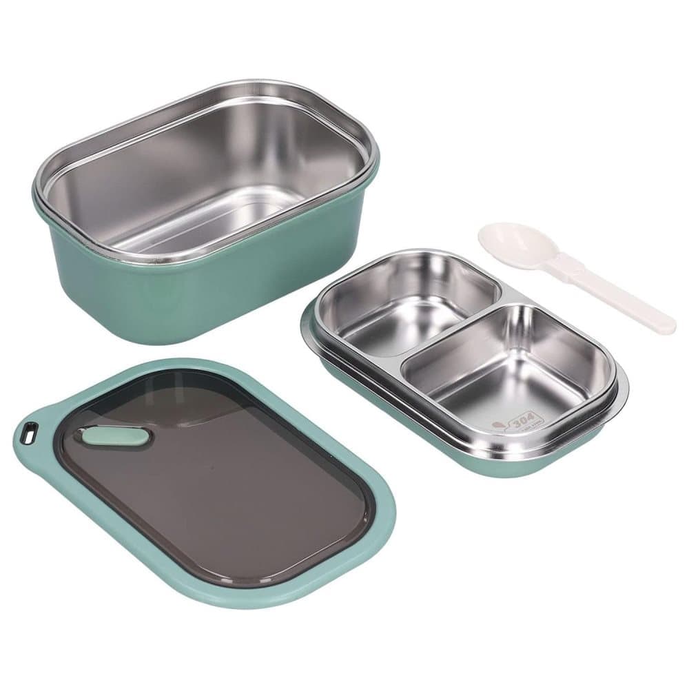 Stainless steel lunch box 1200ml with spoon, double layer 2 compartments leak-proof, 304 stainless steel, Green - Image 1