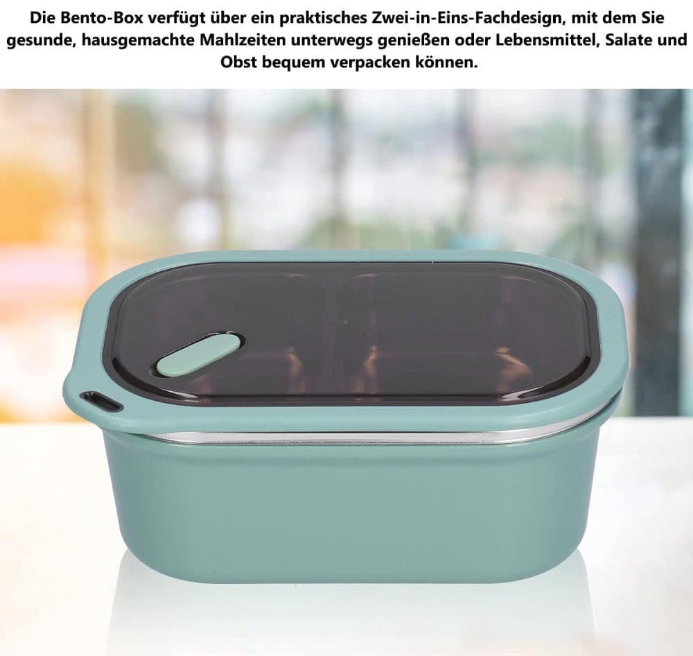 Stainless steel lunch box 1200ml with spoon, double layer 2 compartments leak-proof, 304 stainless steel, Green - Image 2
