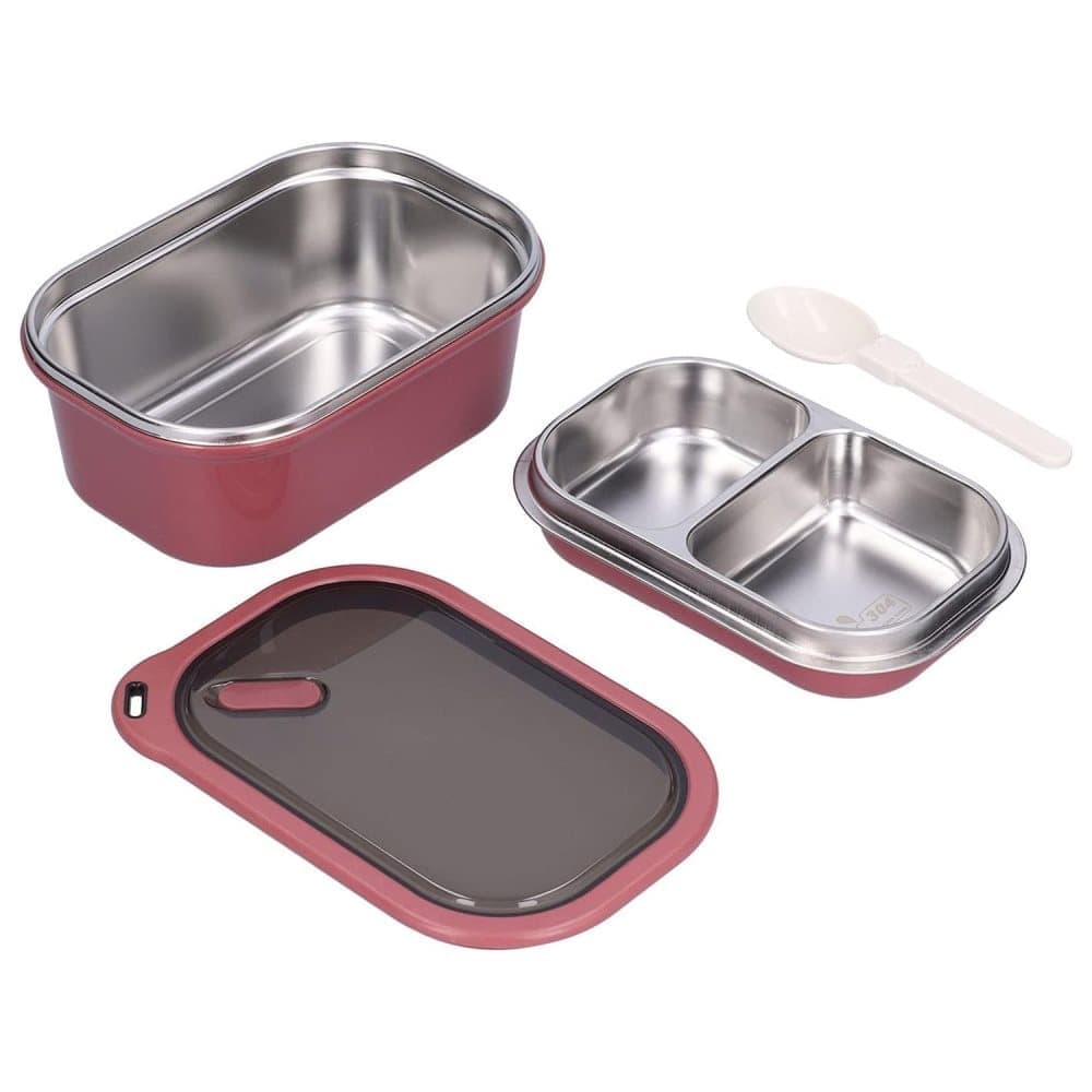 1200ml 2 Compartments Leak-Proof Stainless Steel Lunch Box with Spoon, 304 Stainless Steel, RED - Image 1