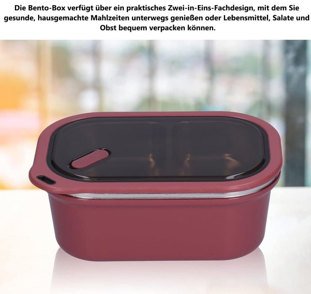 1200ml 2 Compartments Leak-Proof Stainless Steel Lunch Box with Spoon, 304 Stainless Steel, RED - Image 2