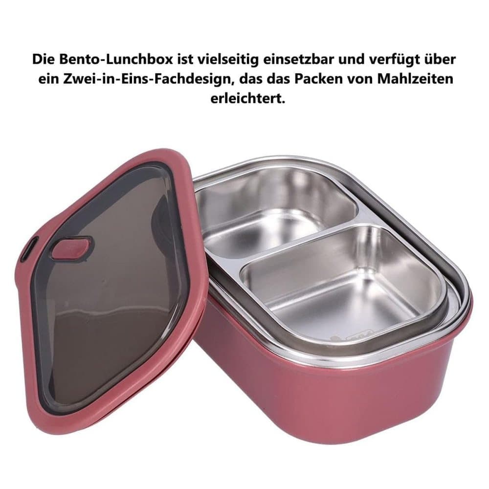 1200ml 2 Compartments Leak-Proof Stainless Steel Lunch Box with Spoon, 304 Stainless Steel, RED - Image 3