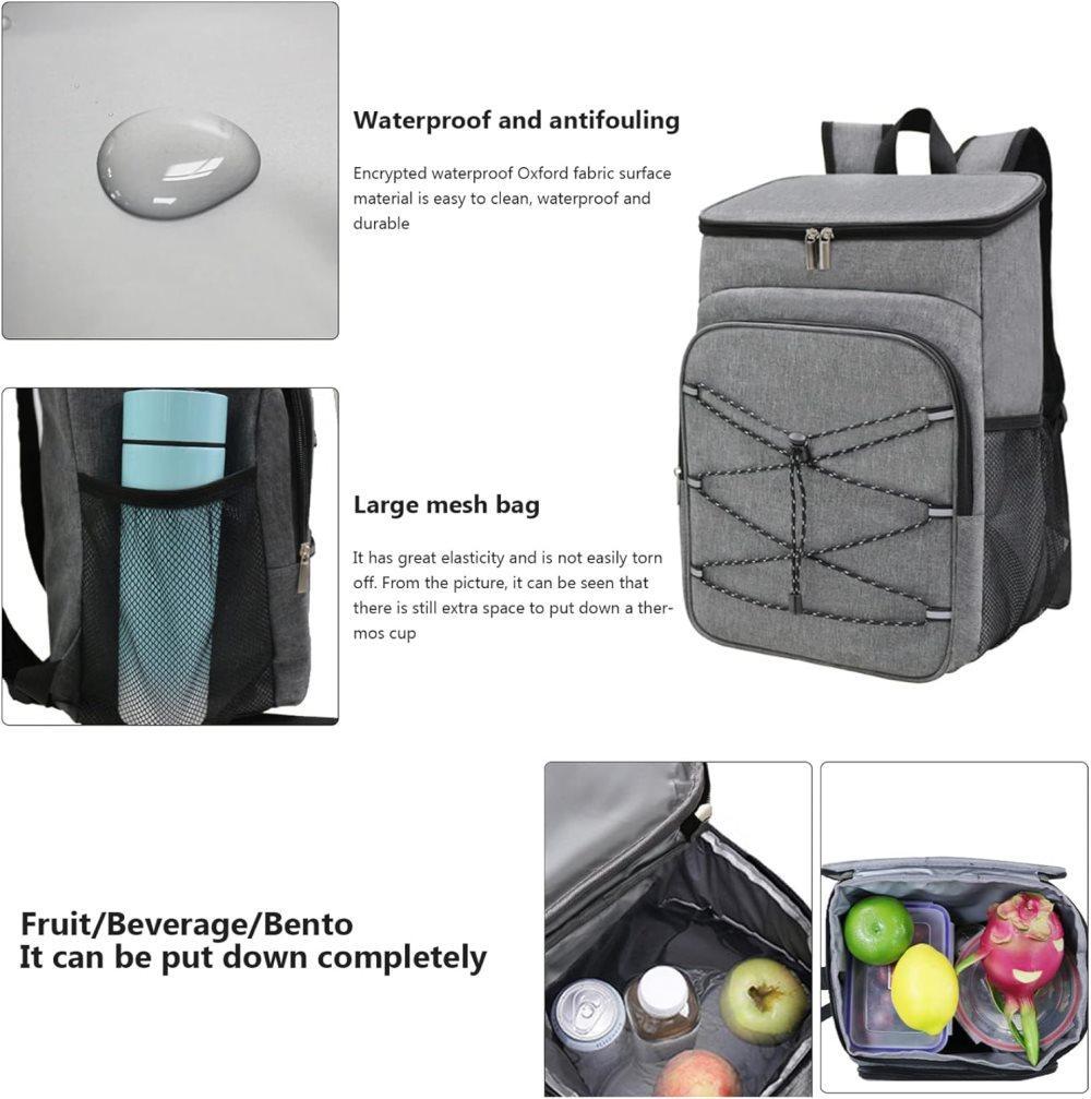 Insulated Backpack Cooler Bag Large Capacity Waterproof for Picnic Camping Lunch Grill, Gray - Image 3