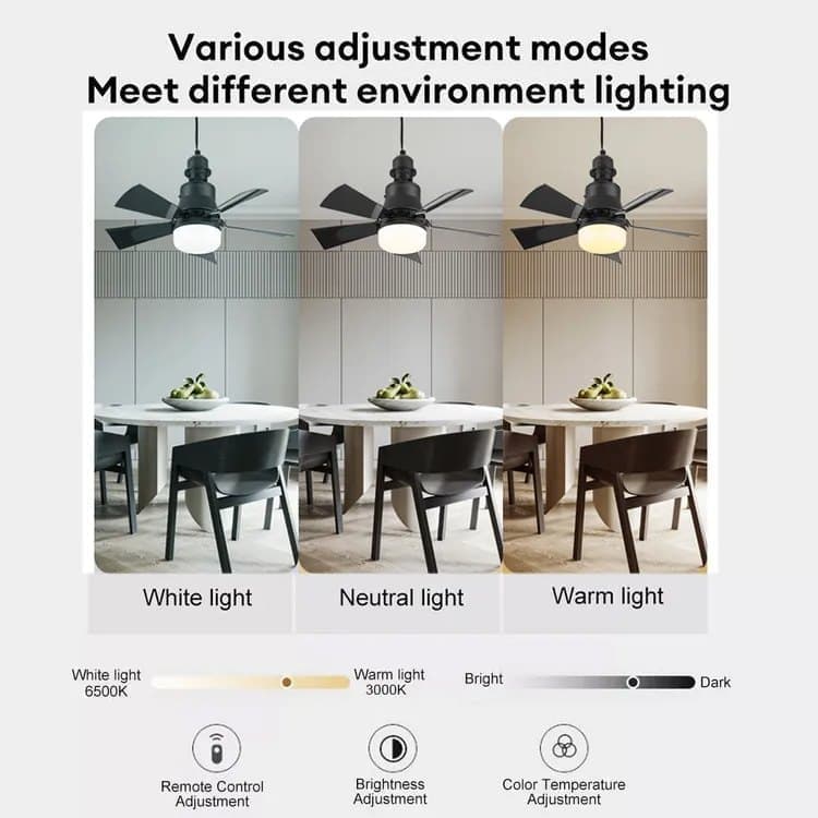 52 Inch Ceiling Fan with Remote Control, 3 Speeds, LED E27, 3 Light Colors, Black - Image 3