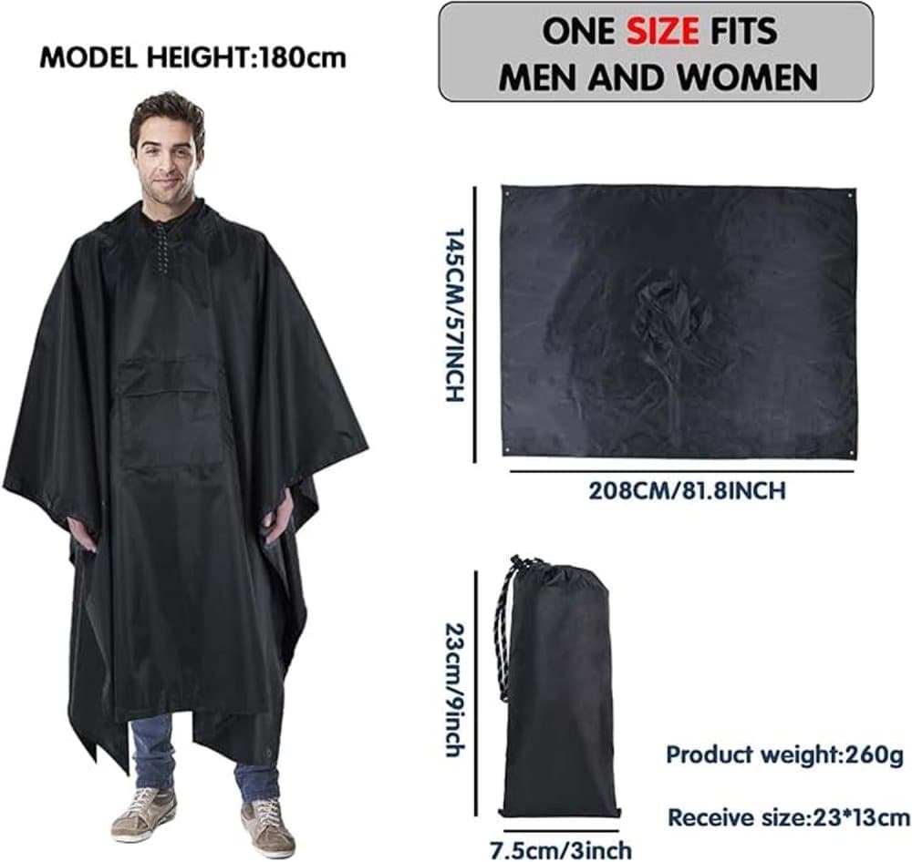 Waterproof Rain Jacket Poncho 3-in-1 Multifunctional with Hood, Gray - Image 2