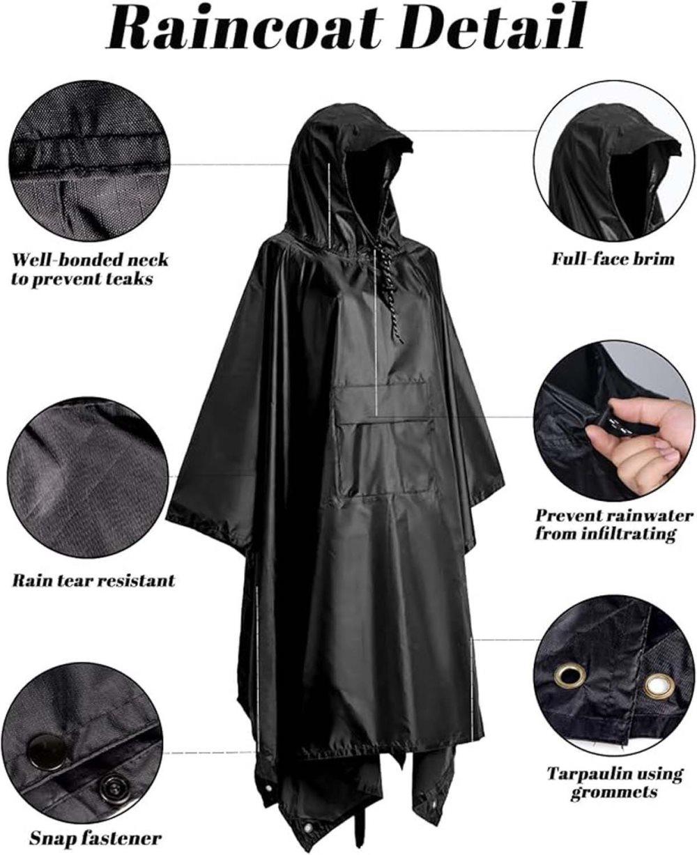 Waterproof Rain Jacket Poncho 3-in-1 Multifunctional with Hood, Gray - Image 3