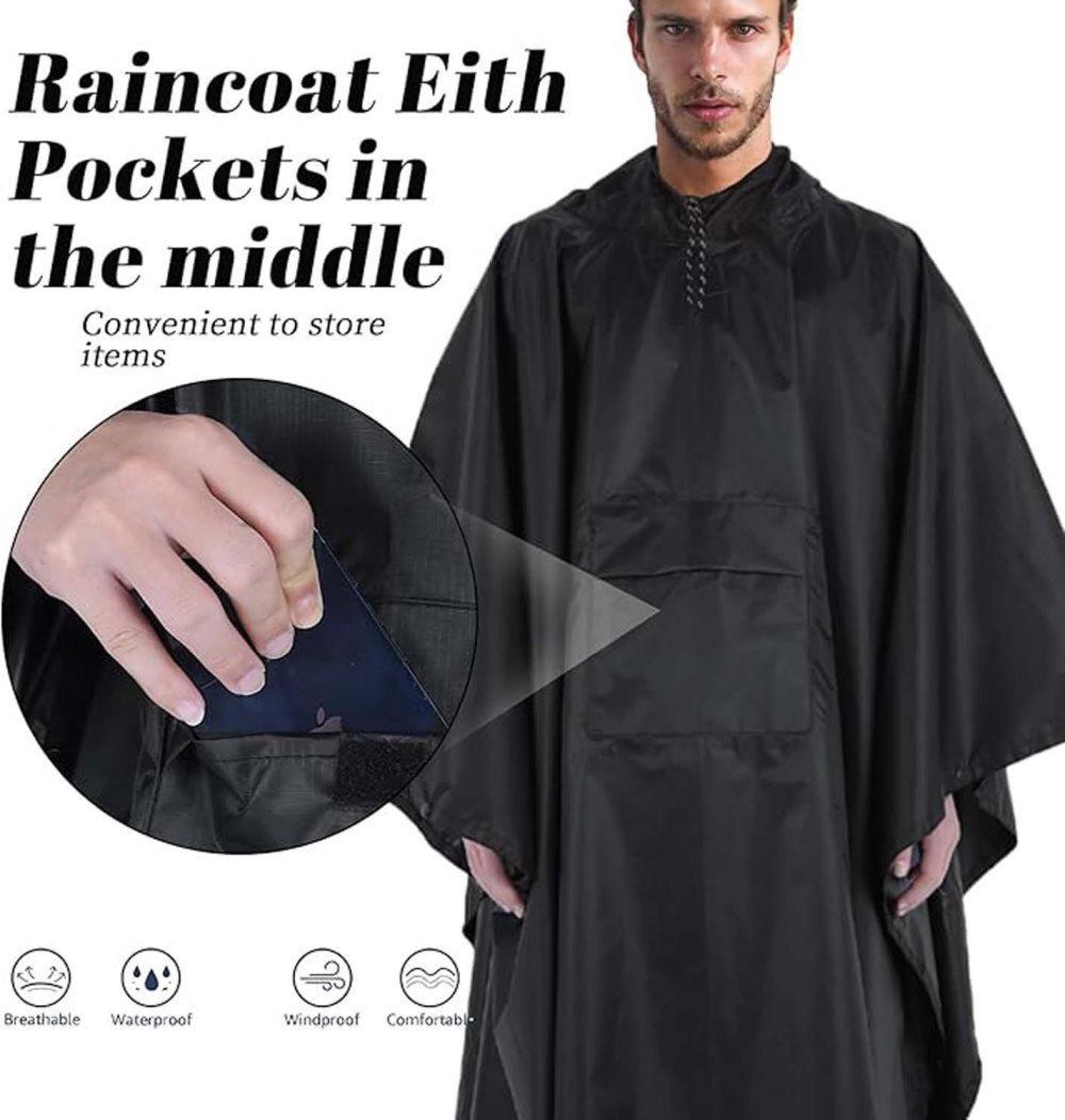 Waterproof Rain Jacket Poncho 3-in-1 Multifunctional with Hood, Gray - Image 5