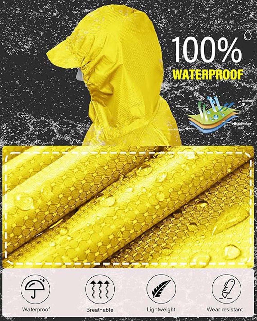3-in-1 Waterproof Rain Jacket Poncho with Hood, Breathable Outdoor Raincoat, Yellow - Image 2