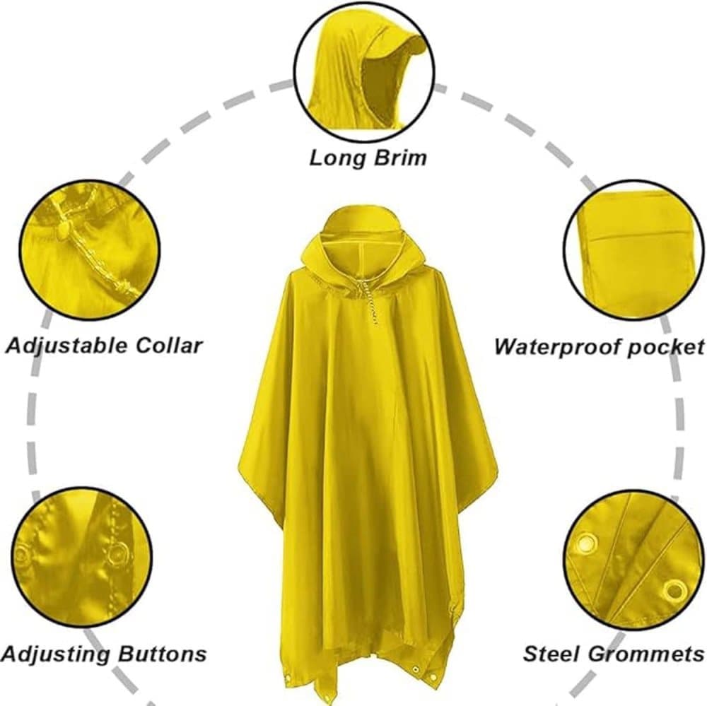 3-in-1 Waterproof Rain Jacket Poncho with Hood, Breathable Outdoor Raincoat, Yellow - Image 3