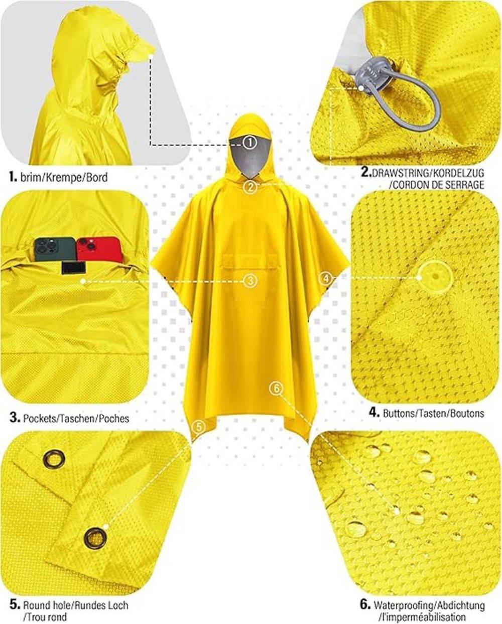 3-in-1 Waterproof Rain Jacket Poncho with Hood, Breathable Outdoor Raincoat, Yellow - Image 4