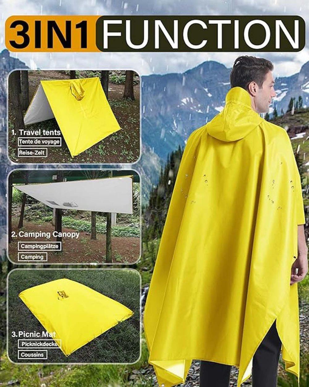 3-in-1 Waterproof Rain Jacket Poncho with Hood, Breathable Outdoor Raincoat, Yellow - Image 6