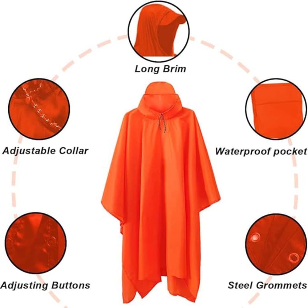 Breathable Waterproof 3-in-1 Rain Jacket Poncho with Hood for Outdoor Activities, Orange - Image 2