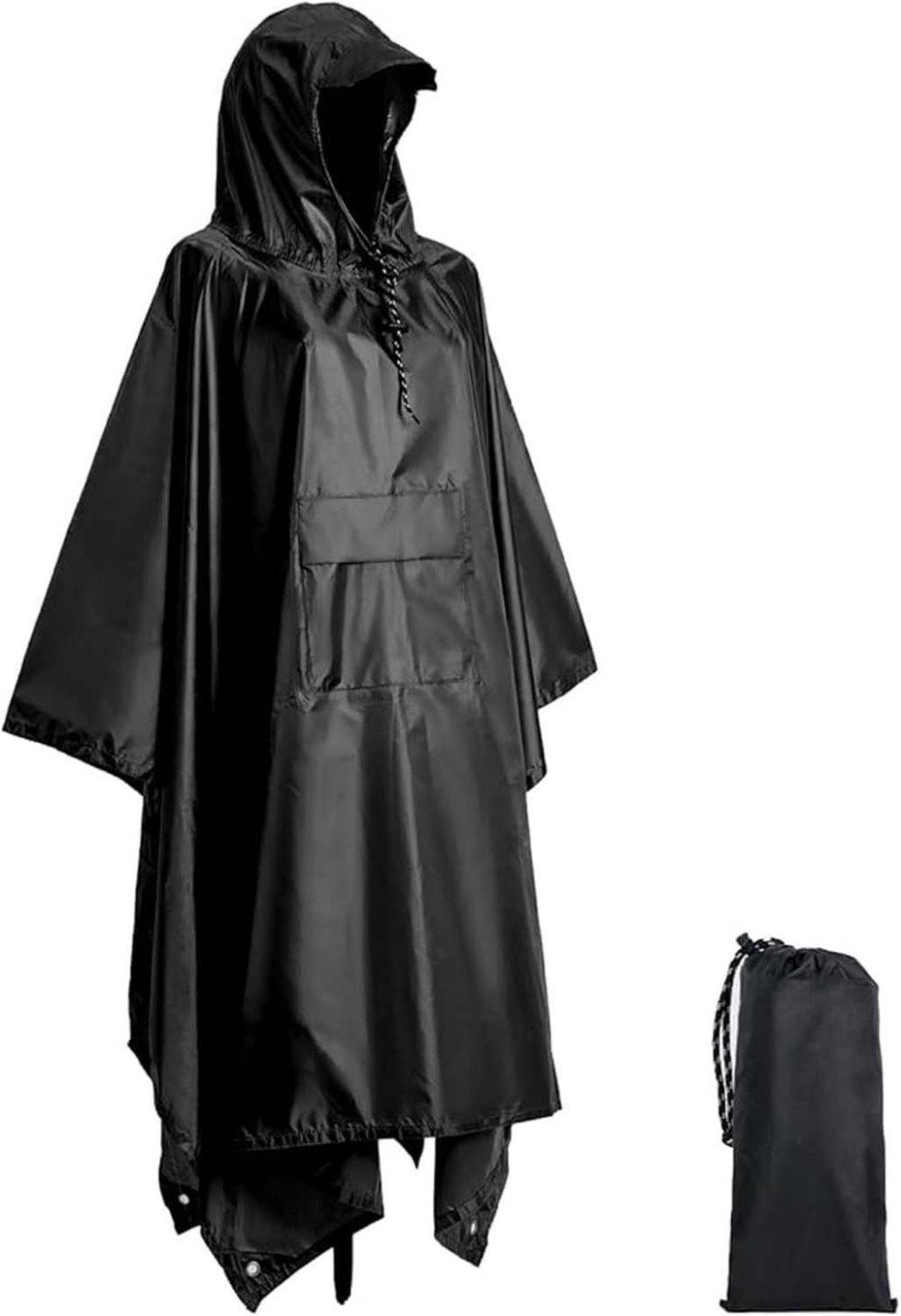 3-in-1 Waterproof Rain Jacket Poncho with Hood, Breathable Raincoat, Black - Image 1