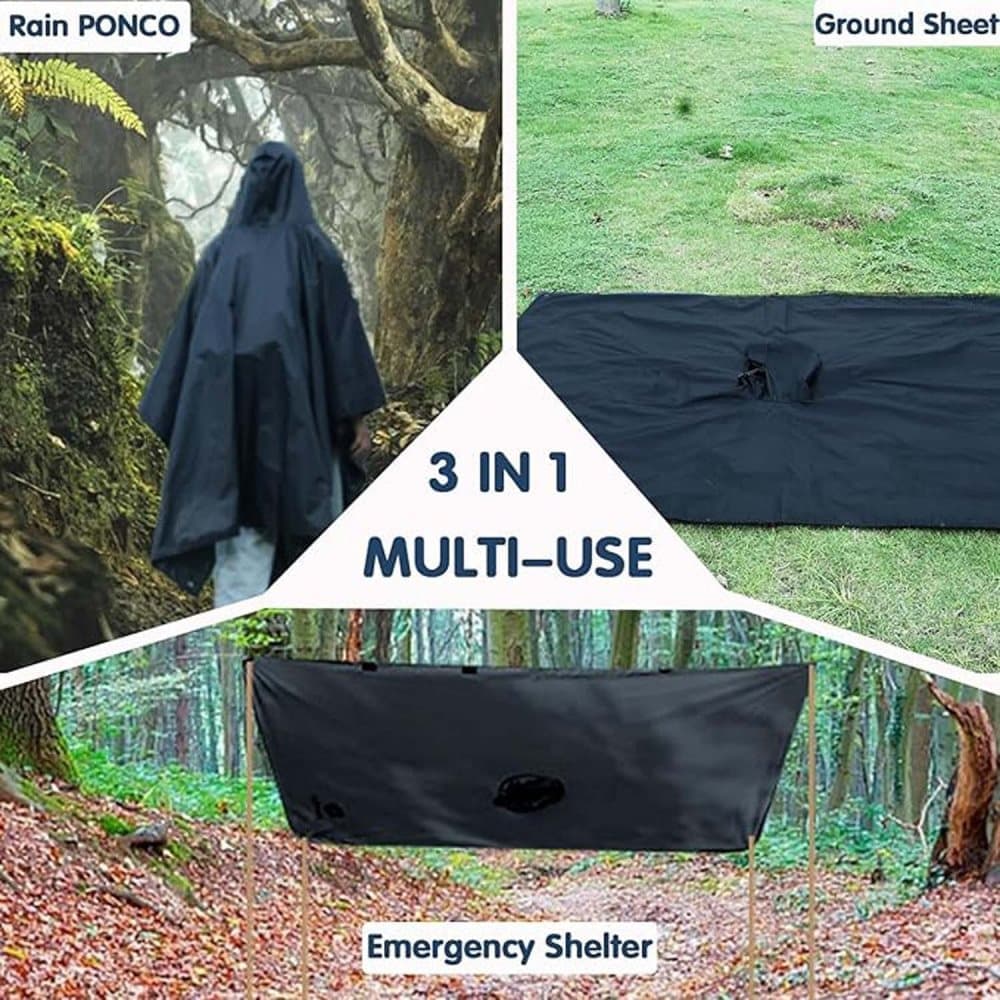 3-in-1 Waterproof Rain Jacket Poncho with Hood, Breathable Raincoat, Black - Image 6