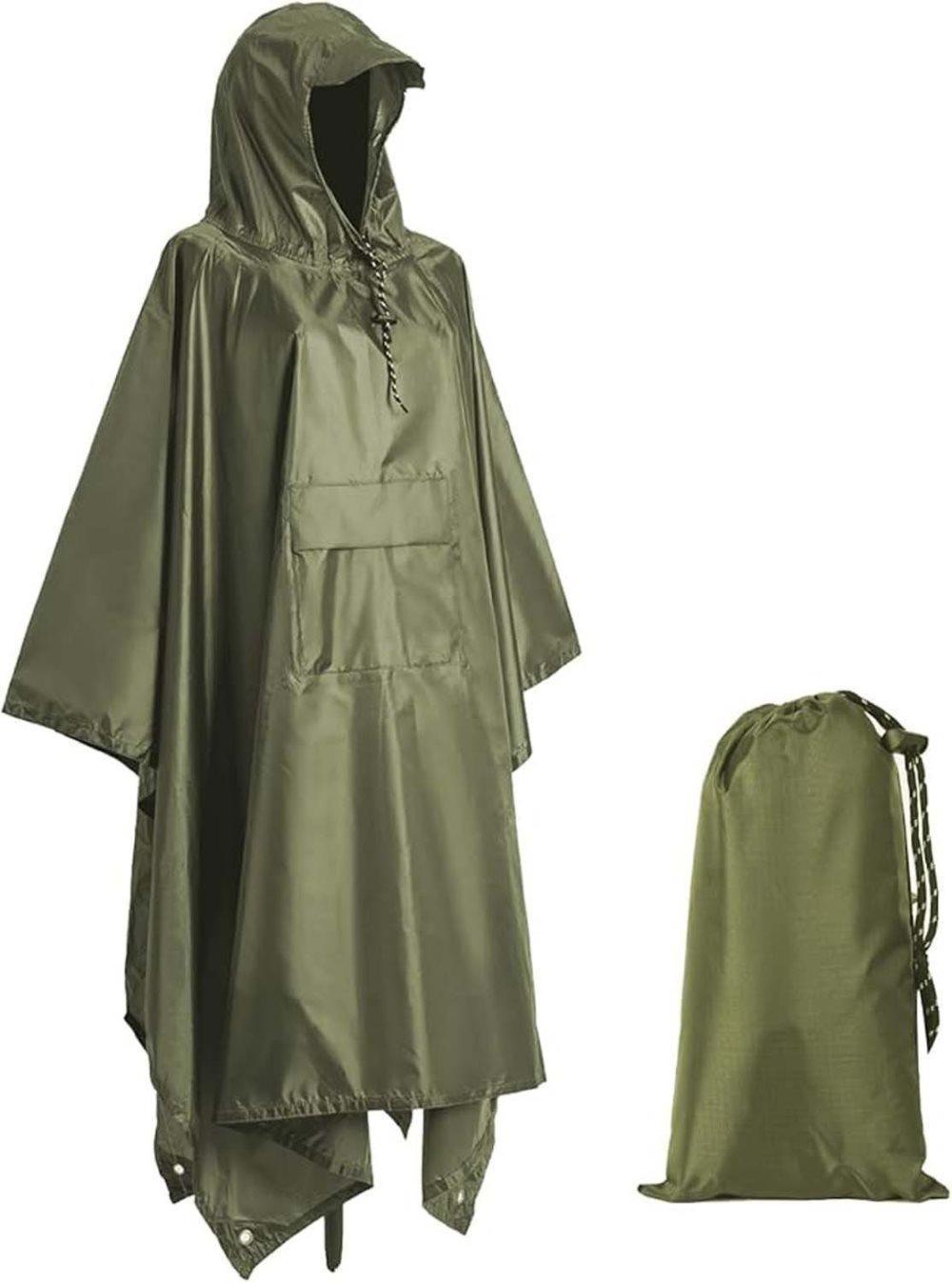 Waterproof Rain Jacket 3-in-1 Multifunctional Hooded Poncho, Green, with Tarp Underlay, Breathable and Waterproof - Image 1