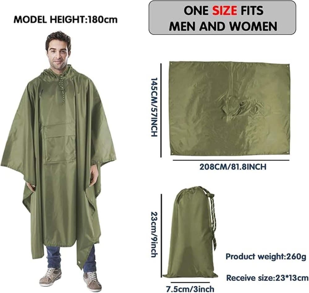 Waterproof Rain Jacket 3-in-1 Multifunctional Hooded Poncho, Green, with Tarp Underlay, Breathable and Waterproof - Image 2