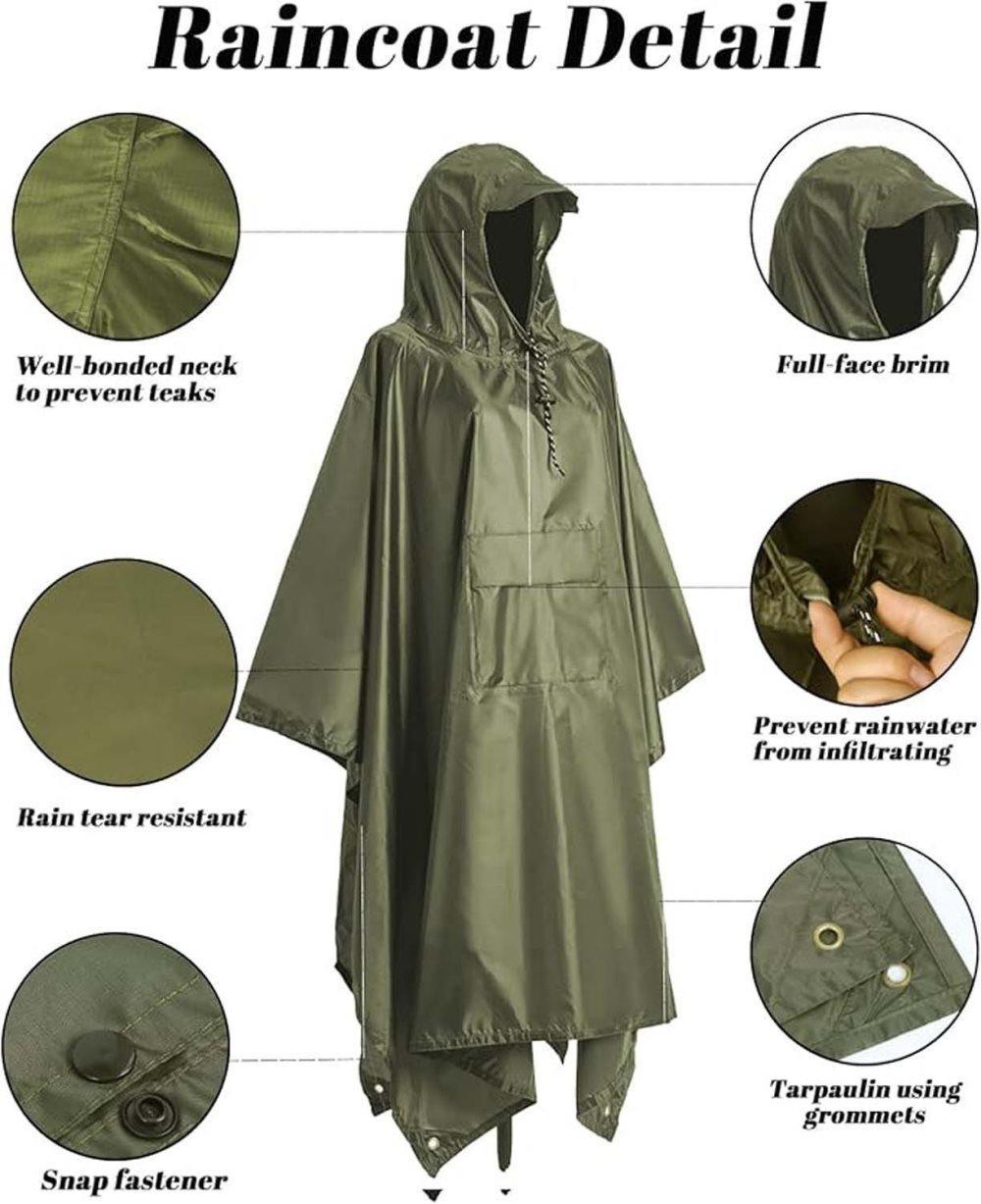Waterproof Rain Jacket 3-in-1 Multifunctional Hooded Poncho, Green, with Tarp Underlay, Breathable and Waterproof - Image 3