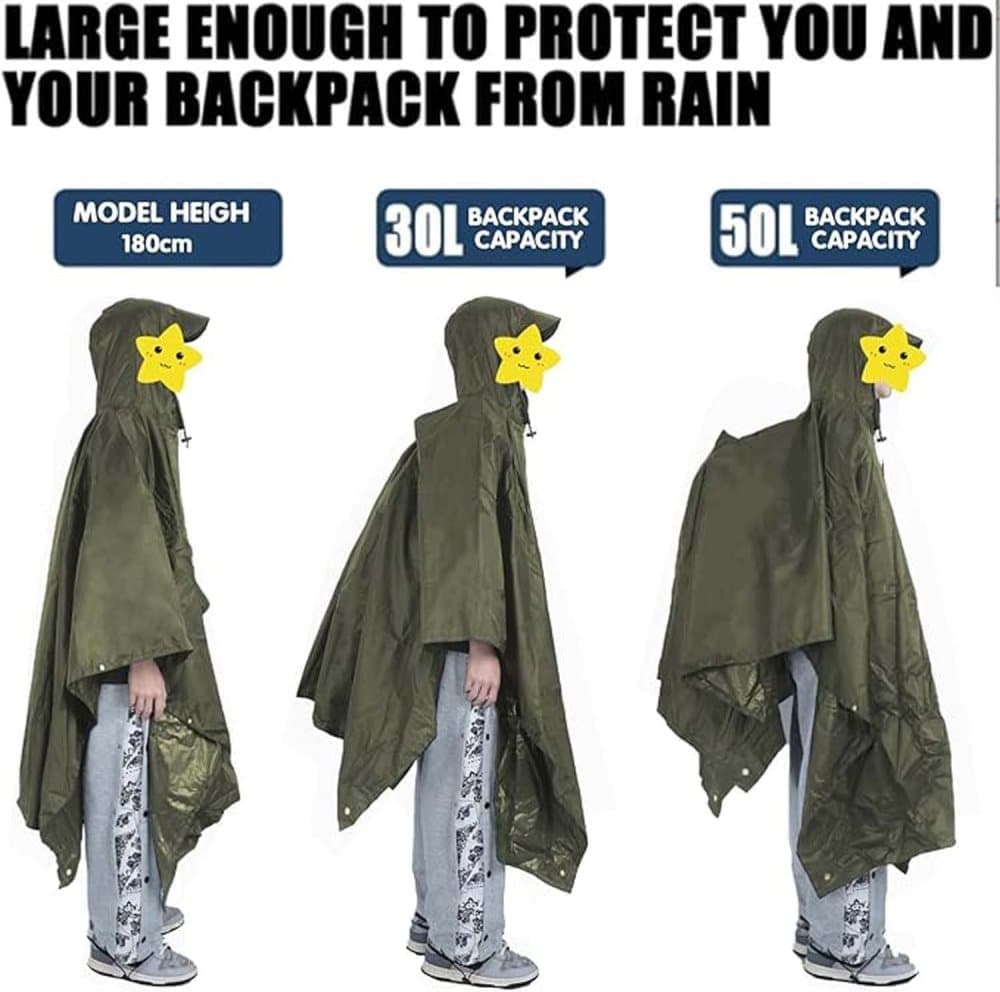 Waterproof Rain Jacket 3-in-1 Multifunctional Hooded Poncho, Green, with Tarp Underlay, Breathable and Waterproof - Image 4