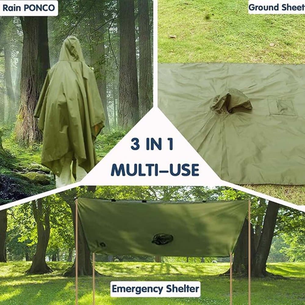 Waterproof Rain Jacket 3-in-1 Multifunctional Hooded Poncho, Green, with Tarp Underlay, Breathable and Waterproof - Image 5