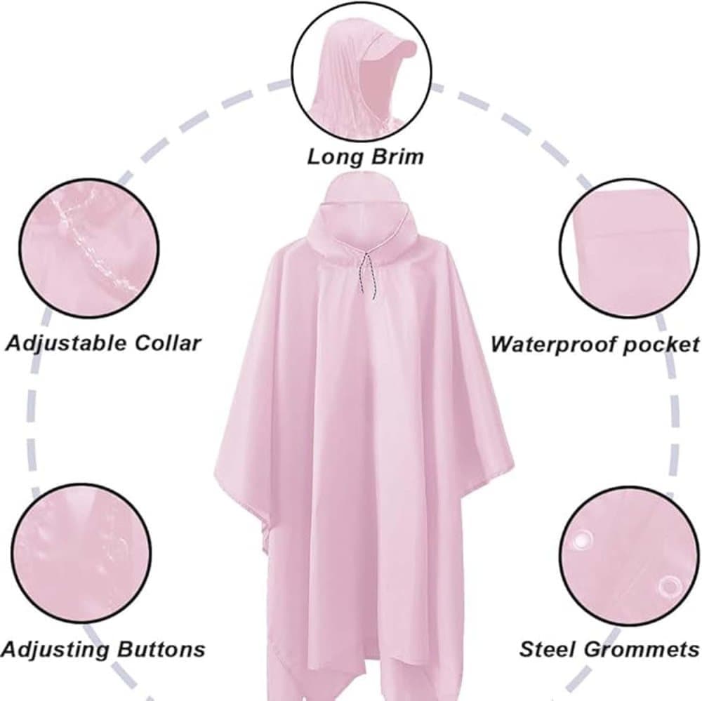 3-in-1 Multifunctional Waterproof Rain Jacket Poncho with Hood, Breathable Raincoat Pink - Image 2