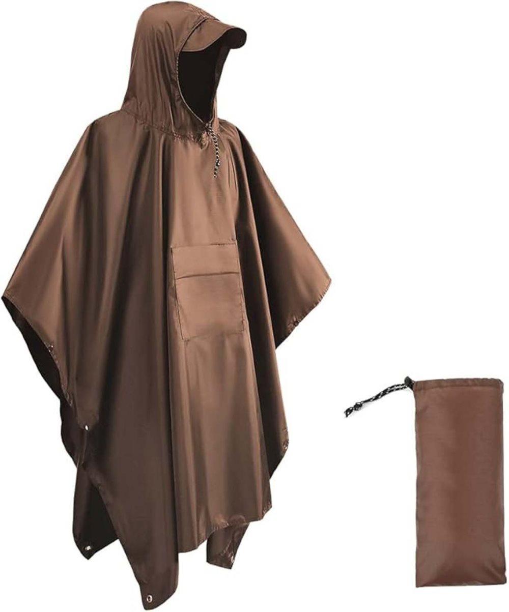3-in-1 Waterproof Rain Jacket Poncho with Hood, Breathable for Outdoor Activities, Brown - Image 1