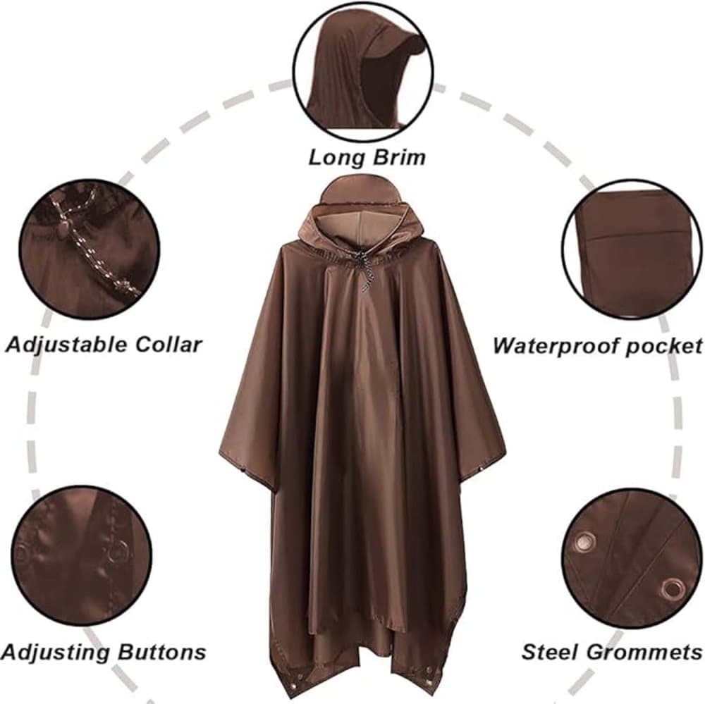 3-in-1 Waterproof Rain Jacket Poncho with Hood, Breathable for Outdoor Activities, Brown - Image 2