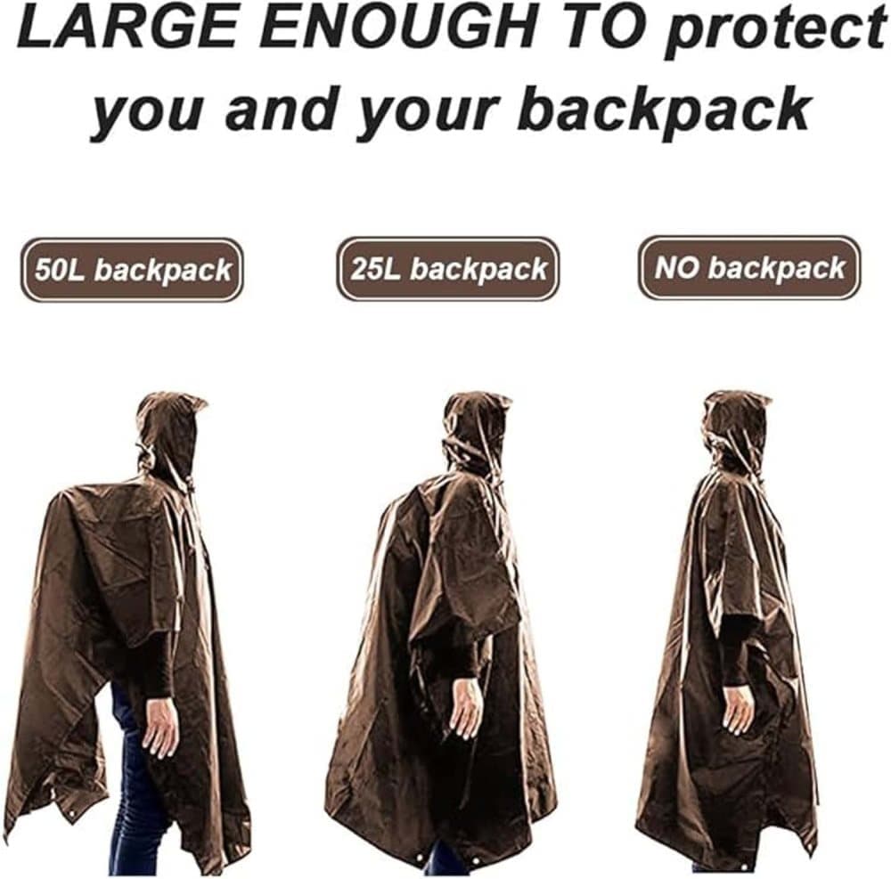 3-in-1 Waterproof Rain Jacket Poncho with Hood, Breathable for Outdoor Activities, Brown - Image 4