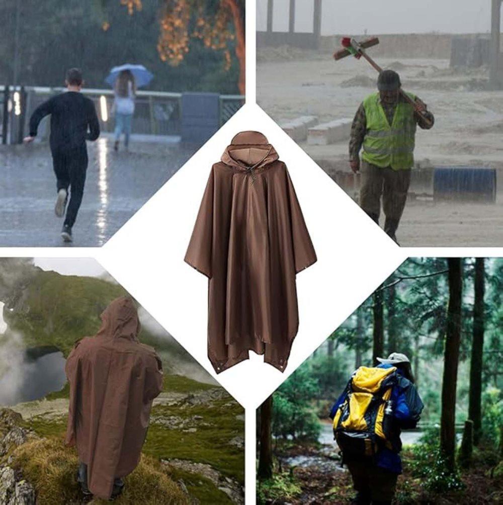 3-in-1 Waterproof Rain Jacket Poncho with Hood, Breathable for Outdoor Activities, Brown - Image 7